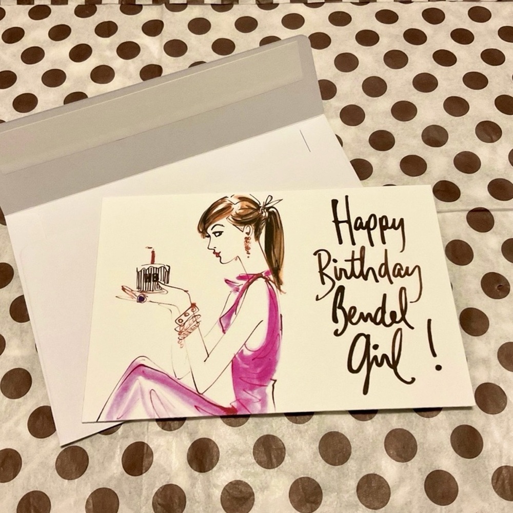 HENRI BENDEL Happy Birthday Card with Pink Bendel Girl Illustration 🎉🎂🎁💖🎊